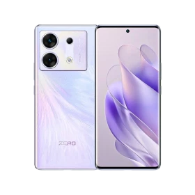 Infinix Zero 30 5G mor akıllı telefon, ön ekran ve çift kameralı arka yüz tasarımıyla vitrin görünüm