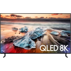 Samsung 65Q900R Ultra HD 8K QLED TV ekranda QLED 8K yazısı ve deniz manzarası gösteriyor, genel renkli