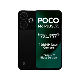 Siyah Poco M6 Plus 5G akıllı telefon, ön ekranı ve çift arka kameralı şık tasarımıyla vitrin görünümü