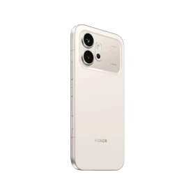 Beyaz Honor 600 akıllı telefonun arka yüzeyi, çift kameralı tasarımı ve ince çerçevesiyle yandan görünümü