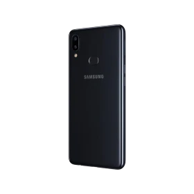 Siyah Samsung Galaxy A10s akıllı telefonun arka yüzü; çift kamera, parmak izi okuyucu ve logo detayı