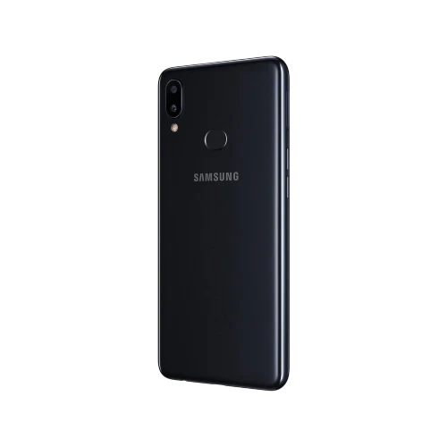 Siyah Samsung Galaxy A10s akıllı telefonun arka yüzü; çift kamera, parmak izi okuyucu ve logo detayı