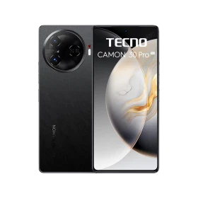 Tecno Camon 30 Pro siyah akıllı telefon, ön ekran ve arka kamera modülüyle vitrin görünümü