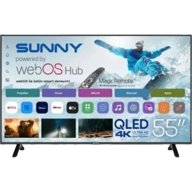 Sunny SN55QUPRL-W02M Ultra HD 4K QLED TV, WebOS ekranı ve ayaklı tasarımıyla önden görünüm