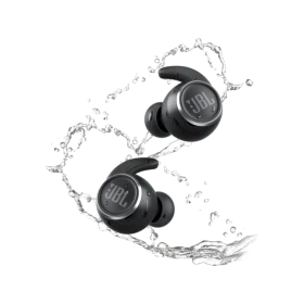 JBL Reflect Mini NC siyah tam kablosuz kulaklık, şarj kablosu ve kulak içi uçlarıyla birlikte