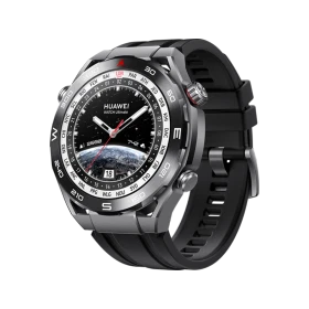 Huawei Watch Ultimate Aktivite Saati, siyah akıllı saat; döner kadran ve siyah silikon kayış.