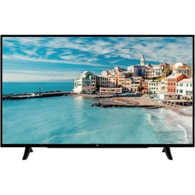 SEG 55SBU725 Ultra HD 4K LED televizyon, sahil kasabası manzarasını gösteren siyah ekranlı TV.