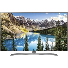 LG 43UJ701V Ultra HD 4K LED televizyon ekranında dağ ve göl manzarası, genel renkli vitrin görünümü