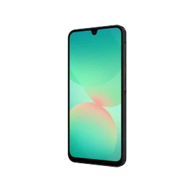 Samsung Galaxy A26 siyah akıllı telefon, ince çerçeveli ekran ve damla çentik tasarımıyla önden görünüm