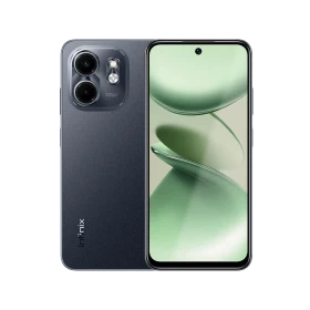 Infinix Smart 9 siyah akıllı telefon, ön ekran ve arka kamera modülüyle vitrin görünümü