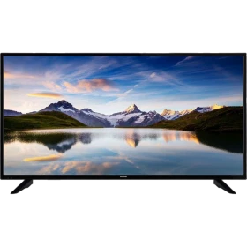 Vestel 49FD7400 Full HD LED TV, siyah çerçeveli ekranında dağ ve göl manzarası gösteriyor