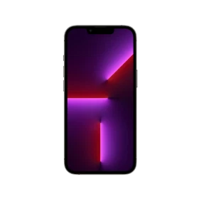 Apple iPhone 13 Pro siyah akıllı telefon, önden görünüm, çentikli ekran ve mor-kırmızı duvar kâğıdıyla