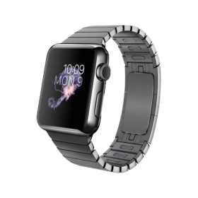 Apple Watch 38 mm uzay siyahı akıllı saat, paslanmaz çelik kasa ve baklalı bilezikle önden görünüm