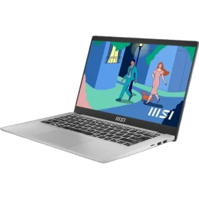 MSI Modern 14 C11M-216XTR gri ultrabook laptop; klavye ve açık ekranında grafik arayüz görünüyor.