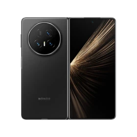 Honor Magic V5 siyah akıllı telefonun ön ve arka yüzü, katlanabilir ekran ve dairesel kamera modülüyle