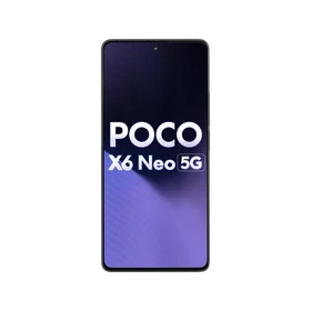 Mor renkli Poco X6 Neo akıllı telefonun önden görünümü, ince çerçeveli ekran ve orta delikli ön kamera detaylı