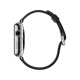 Apple Watch 42 mm gümüş paslanmaz çelik kasa ve klasik tokalı siyah kayış, yan görünüm