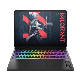 HP OMEN MAX Gaming 16-ah0022nt B88F2EA siyah oyuncu laptop; RGB aydınlatmalı klavye ve oyun temalı ekran.