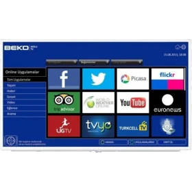 Beko B40-LW-7336 Full HD FHD TV, mavi arayüzünde sosyal medya ve çevrimiçi uygulama menüsü gösteriliyor