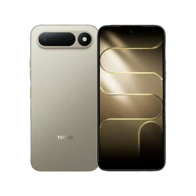 Tecno Spark 50 5G altın akıllı telefon, ön ve arka görünüm, çift kamera tasarımıyla vitrinde.