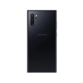 Siyah Samsung Galaxy Note 10 akıllı telefonun arka yüzü, çoklu kamera modülüyle şık tasarım görünümü