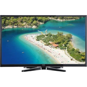 Vestel 32FA7100 Full HD LED TV, siyah çerçeveli ekranında turkuaz koy ve plaj manzarası gösteriyor