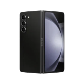 Siyah Samsung Galaxy Z Fold5 katlanabilir akıllı telefon, açık konumda geniş ekran ve üçlü kamera detaylı