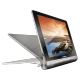 Lenovo Yoga 2 10.1 Inc platin renkli tablet, yan açıda katlanır stand ve ekran görünümü ile.