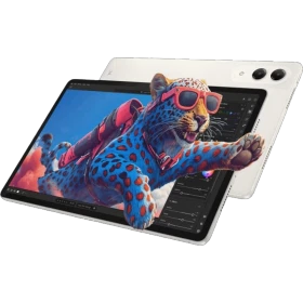 Lenovo Yoga Tab TB710FU Bej tablet; klavye ve kalem ile birlikte, oyun ekranında renkli kedi görseli