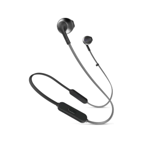 Siyah JBL Tune 205BT Kablosuz kulaklık, boyun askılı tasarımı ve kulak içi uçlarıyla sergileniyor