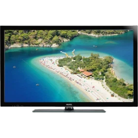 Vestel 40PF9116 Full HD LED televizyon, siyah çerçeveli ekranda turkuaz koy ve plaj manzarası