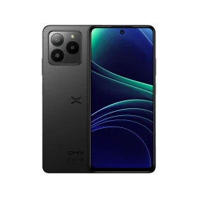Omix X7 siyah akıllı telefon, ön ekran ve arka üçlü kamera tasarımıyla vitrin görünümü