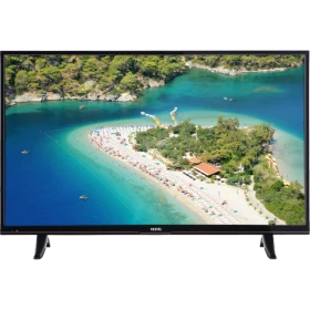 Vestel 55FB7300 Full HD LED televizyon, siyah çerçeveli ekranında turkuaz koy manzarası gösteriliyor
