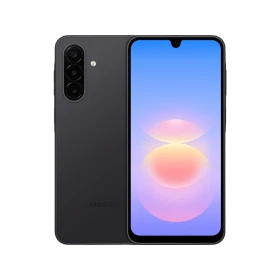 Siyah Samsung Galaxy A18 telefonun ön ve arka yüzü, kamera sistemi ve renkli ekranıyla birlikte gösteriliyor.