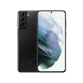 Samsung Galaxy S21 Plus siyah akıllı telefon, ön ekran ve arka üçlü kamera tasarımıyla vitrin görünümü
