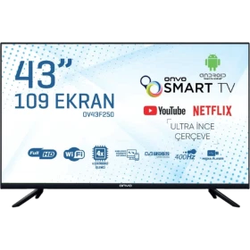 Onvo OV43F250 Full HD LED televizyon, siyah çerçeveli 43 inç ekran ve ince ayak tasarımıyla