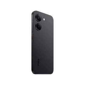 Siyah Poco X8 Pro akıllı telefonun arka yüzeyi, çift kamera ve düz kenarlı şık tasarımıyla yandan görünümü