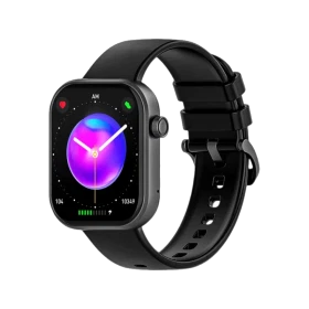 Infinix XWatch 3 siyah akıllı saat, renkli ekranı ve ayarlanabilir silikon kordonuyla önden görünüm