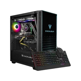 Casper Excalibur E65L.144F-BV50X-0FC siyah masaüstü bilgisayar, açık kasası ve RGB klavyesiyle