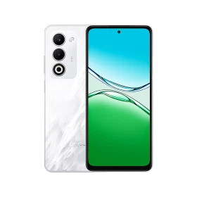 Oppo A5 5G beyaz akıllı telefon, ön ekran ve arka üçlü kamera tasarımıyla vitrin görünümü