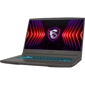 MSI Thin A15 B7VE-076XTR koyu gri oyuncu laptop; ekranda Dragon logosu ve RGB ışık efektleri görünüyor