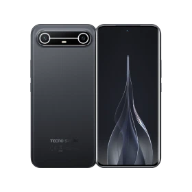 Tecno Spark Slim siyah akıllı telefonun ön ve arka yüzü, çift arka kamera ve tam ekran tasarım görünümü