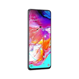 Samsung Galaxy A70 siyah akıllı telefon, ince çerçeveli geniş ekran ve damla çentik tasarımıyla önden görünüm