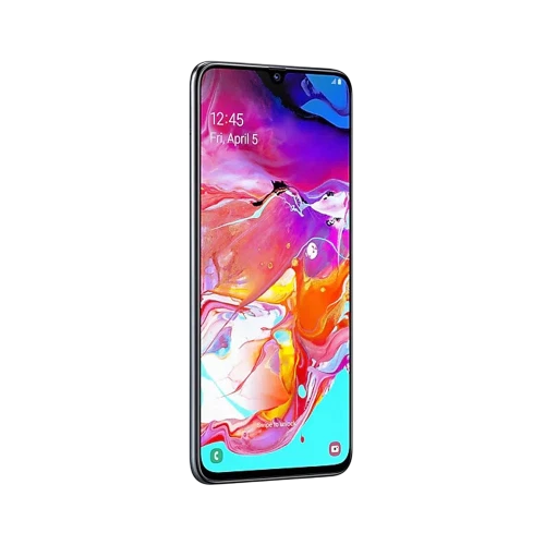 Samsung Galaxy A70 siyah akıllı telefon, ince çerçeveli geniş ekran ve damla çentik tasarımıyla önden görünüm