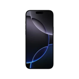 Apple iPhone 16 Pro Max Siyah Titanyum akıllı telefon, önden görünüm, ekran açık ve ince çerçeveli tasarım