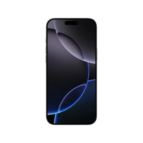 Apple iPhone 16 Pro Max Siyah Titanyum akıllı telefon, önden görünüm, ekran açık ve ince çerçeveli tasarım