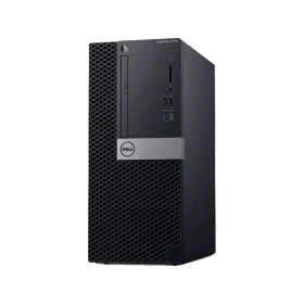 Dell OptiPlex 5070 masaüstü bilgisayar, siyah kasası ve ön panel bağlantı noktalarıyla