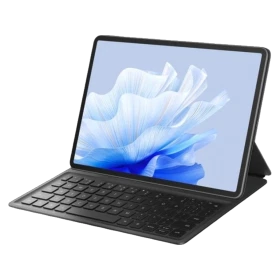 Huawei Matepad Air siyah öğrenci tableti; klavyeli dizilimle açık ekran, canlı mavi görsel ekranda.