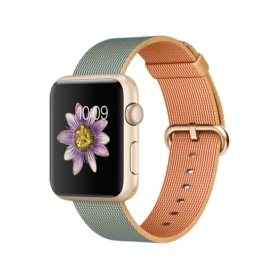 Apple Watch Sport 42 mm altın alüminyum kasa, kırmızı-altın naylon örme kordon ve çiçekli ekran
