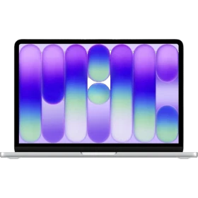 Apple MacBook Neo gümüş laptop, önden açık konumda ana vitrin görünümü ve mor tonlu ekran tasarımı